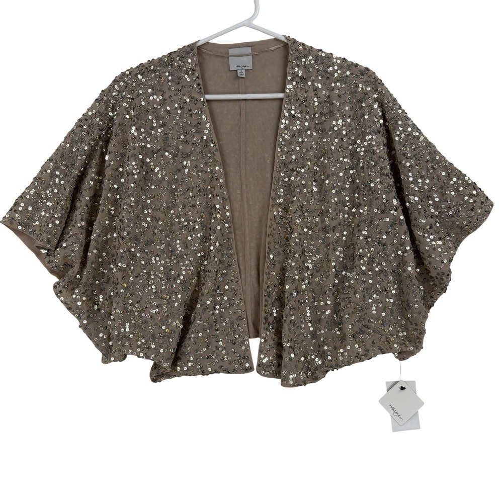 Halogen Cape‎ Womens Petite Medium Gold Sequin Mesh Kimono Open Front Capelet